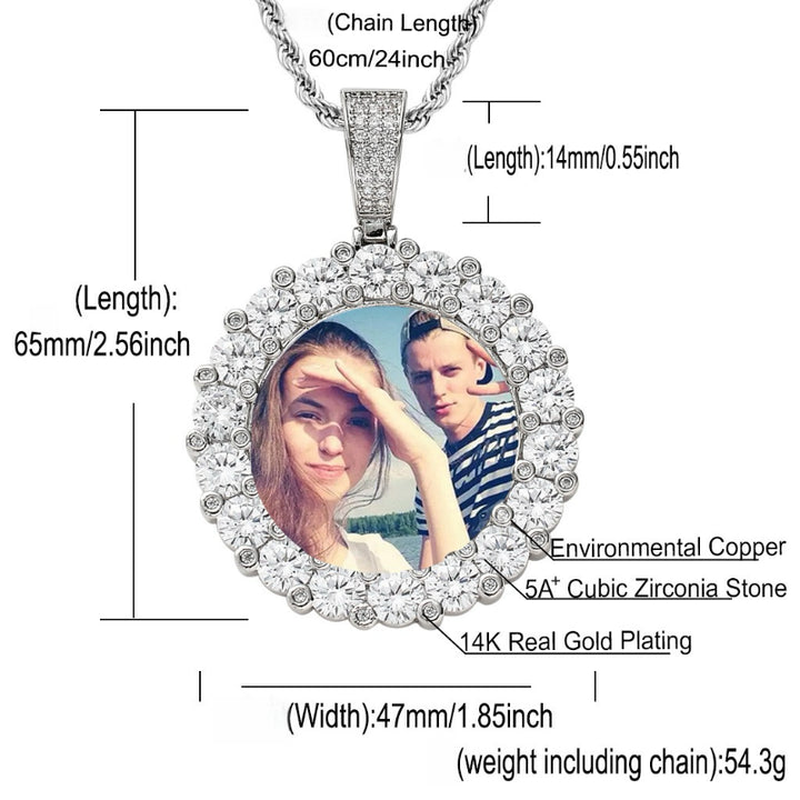 3D ZIRCON DIAMOND 14K CIRCLE CUSTOM PICTURE PENDANT