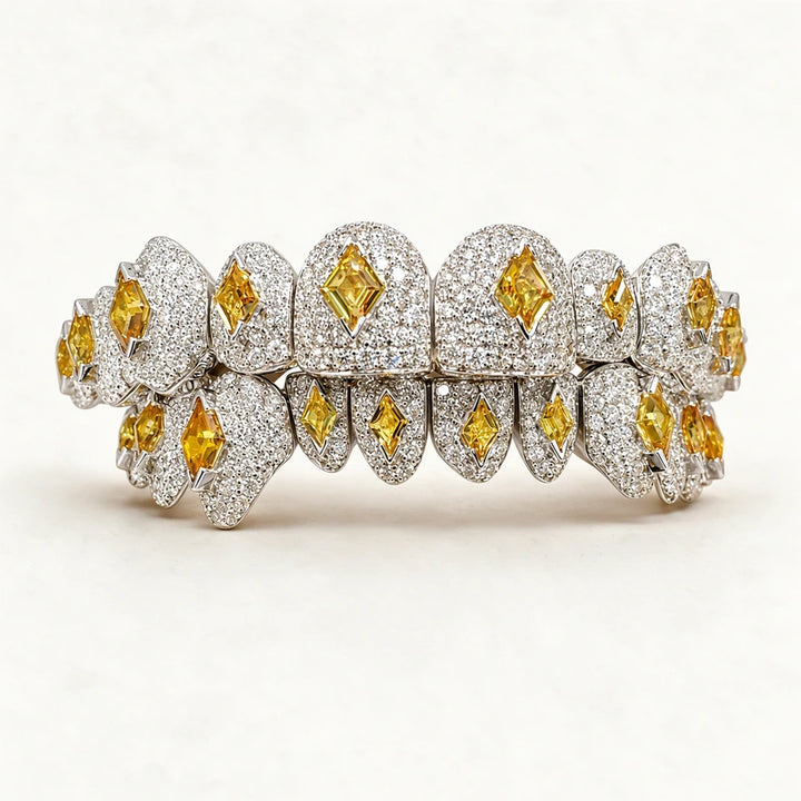 S925 Sterling Silver Moissanite Grillz Iced Out Yellow Kite Cut Tooth Grillz