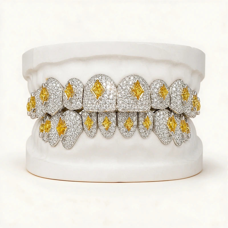 S925 Sterling Silver Moissanite Grillz Iced Out Yellow Kite Cut Tooth Grillz