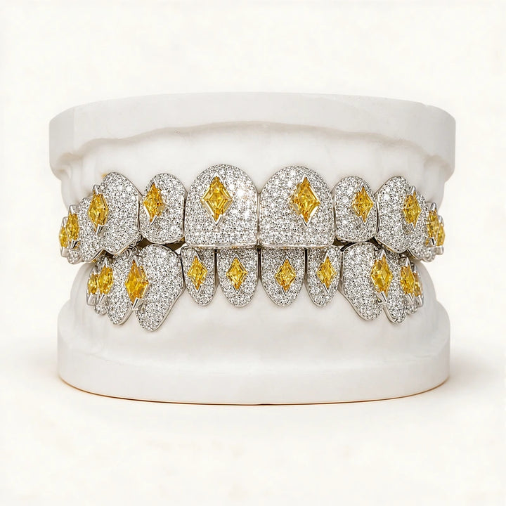 S925 Sterling Silver Moissanite Grillz Iced Out Yellow Kite Cut Tooth Grillz
