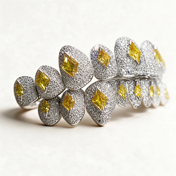S925 Sterling Silver Moissanite Grillz Iced Out Yellow Kite Cut Tooth Grillz