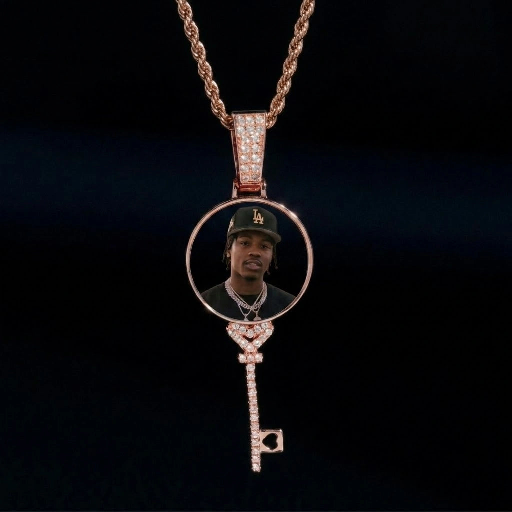 3D Round Key Solid Custom Photo Pendant in White Gold - 22mm