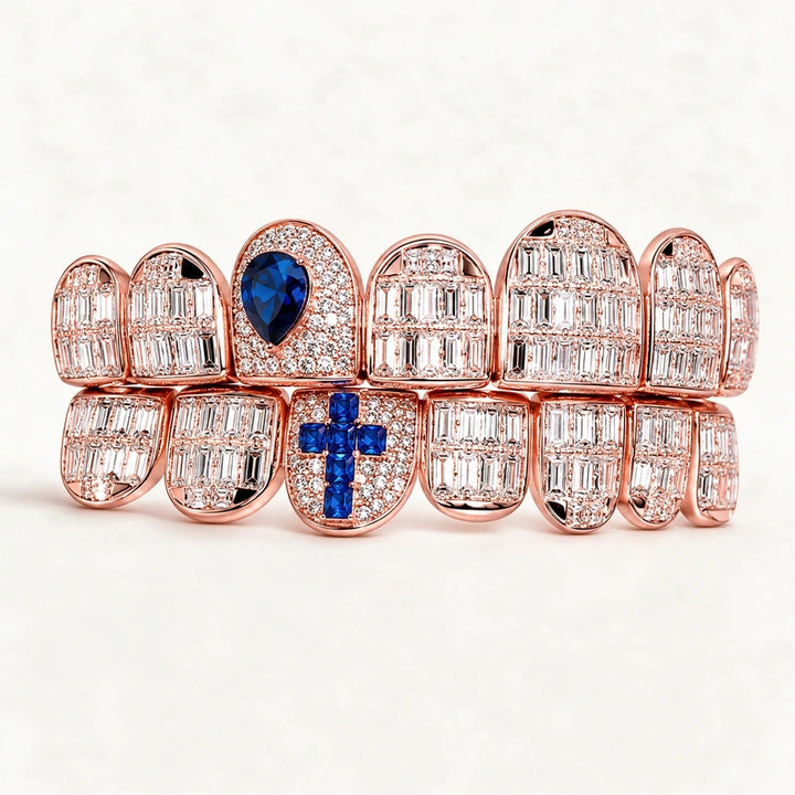 S925 Sterling Silver Rose Gold Plated Baguette Moissanite Grillz