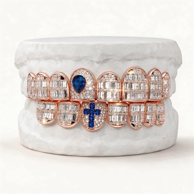 S925 Sterling Silver Rose Gold Plated Baguette Moissanite Grillz