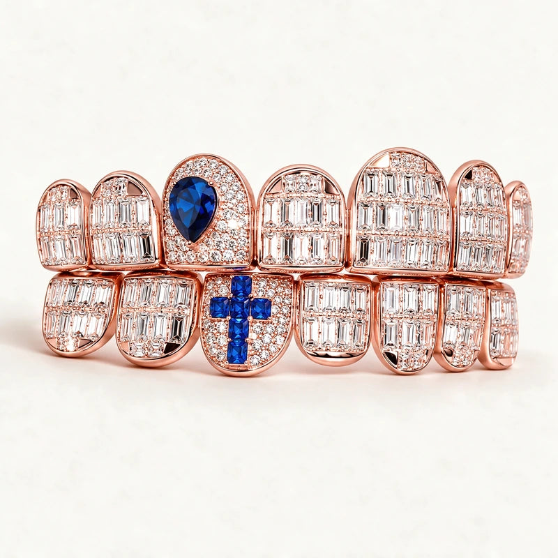 S925 Sterling Silver Rose Gold Plated Baguette Moissanite Grillz