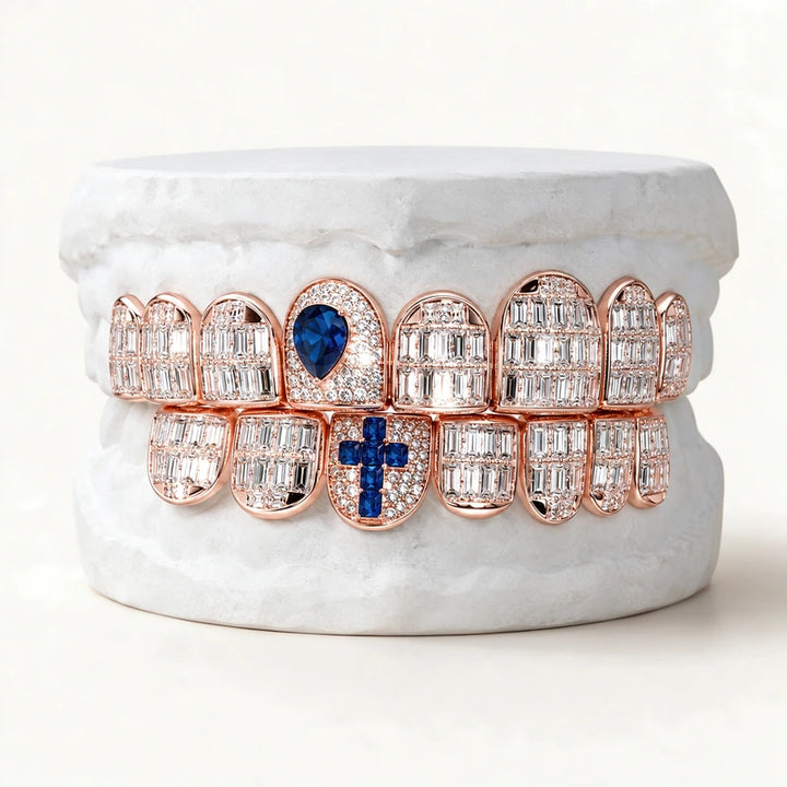 S925 Sterling Silver Rose Gold Plated Baguette Moissanite Grillz