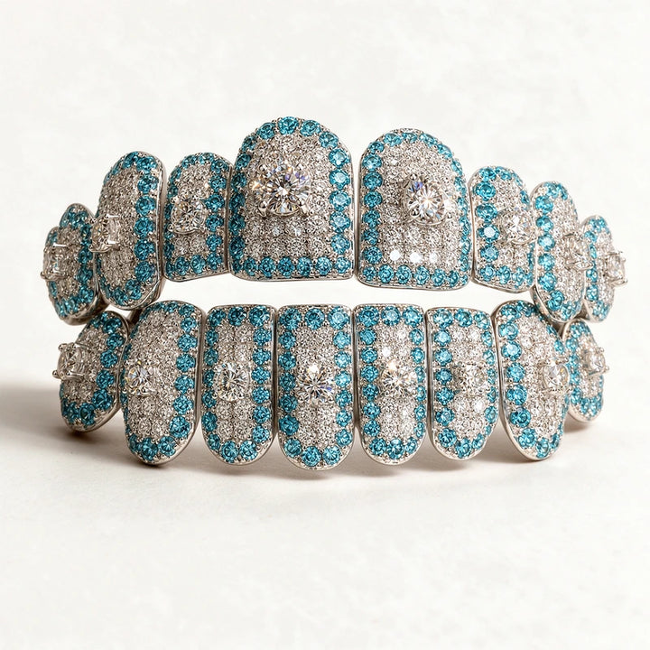 S925 Silver Blue Iced Out Moissanite Grillz