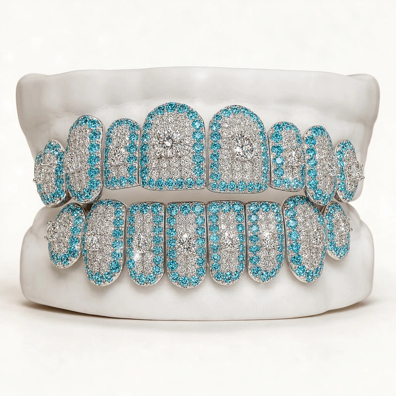 S925 Silver Blue Iced Out Moissanite Grillz