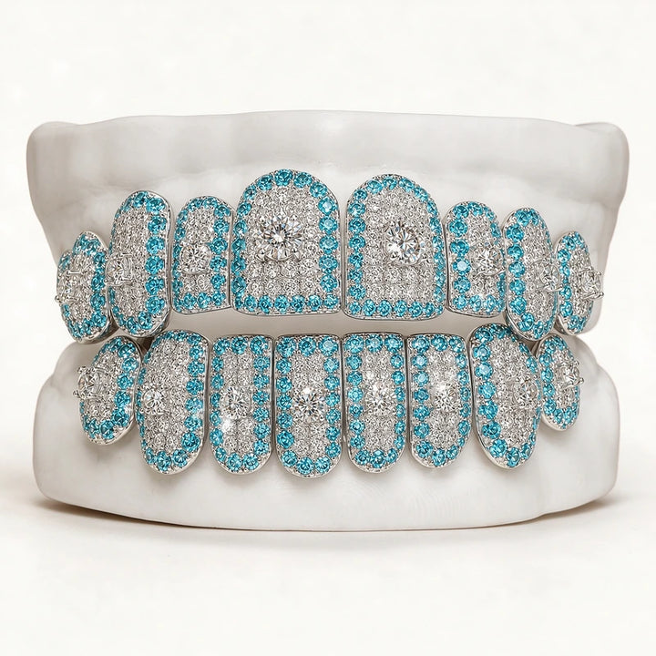 S925 Silver Blue Iced Out Moissanite Grillz