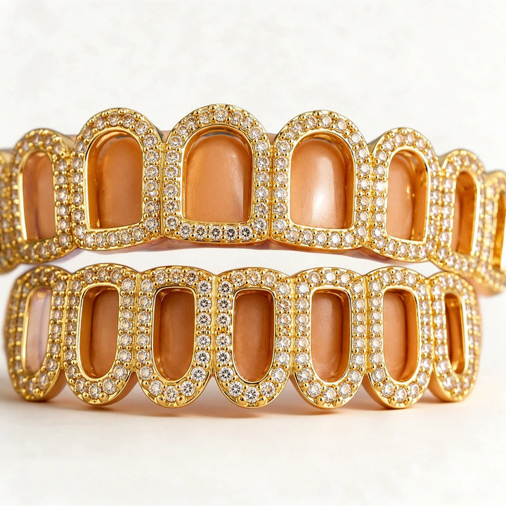 S925 Sterling Silver Moissanite Grillz Gold Plated Iced Out Hollow Grillz