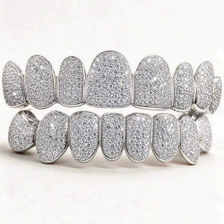 S925 Sterling Silver Moissanite Grillz Fully Iced-Out Silver Teeth