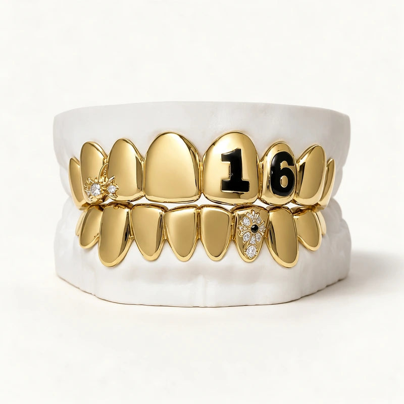 S925 Sterling Silver Moissanite Grillz 16K Gold Plated Cross Design