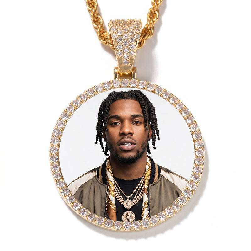 3D DIAMOND &amp; GOLD CIRCLE CUSTOM PICTURE PENDANT