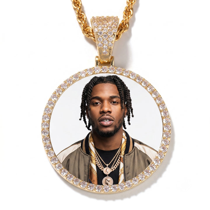3D DIAMOND &amp; GOLD CIRCLE CUSTOM PICTURE PENDANT