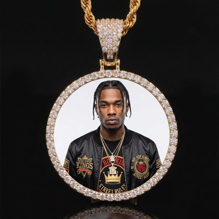 3D DIAMOND &amp; GOLD CIRCLE CUSTOM PICTURE PENDANT