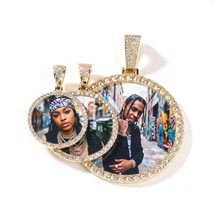 3D DIAMOND &amp; GOLD CIRCLE CUSTOM PICTURE PENDANT