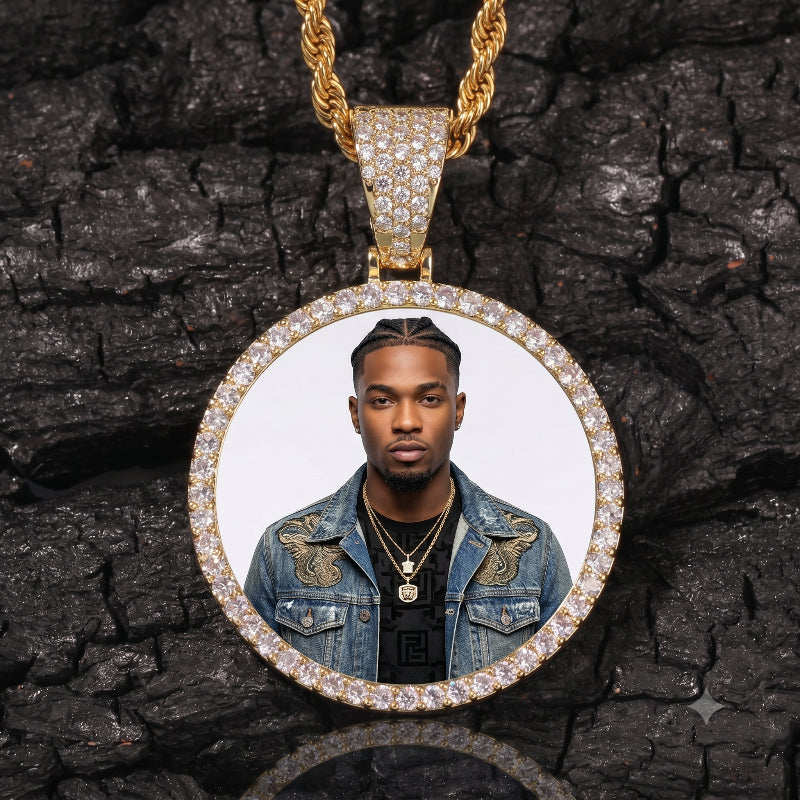 3D DIAMOND &amp; GOLD CIRCLE CUSTOM PICTURE PENDANT