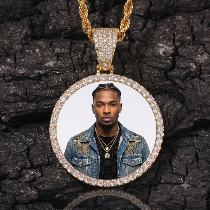 3D DIAMOND &amp; GOLD CIRCLE CUSTOM PICTURE PENDANT