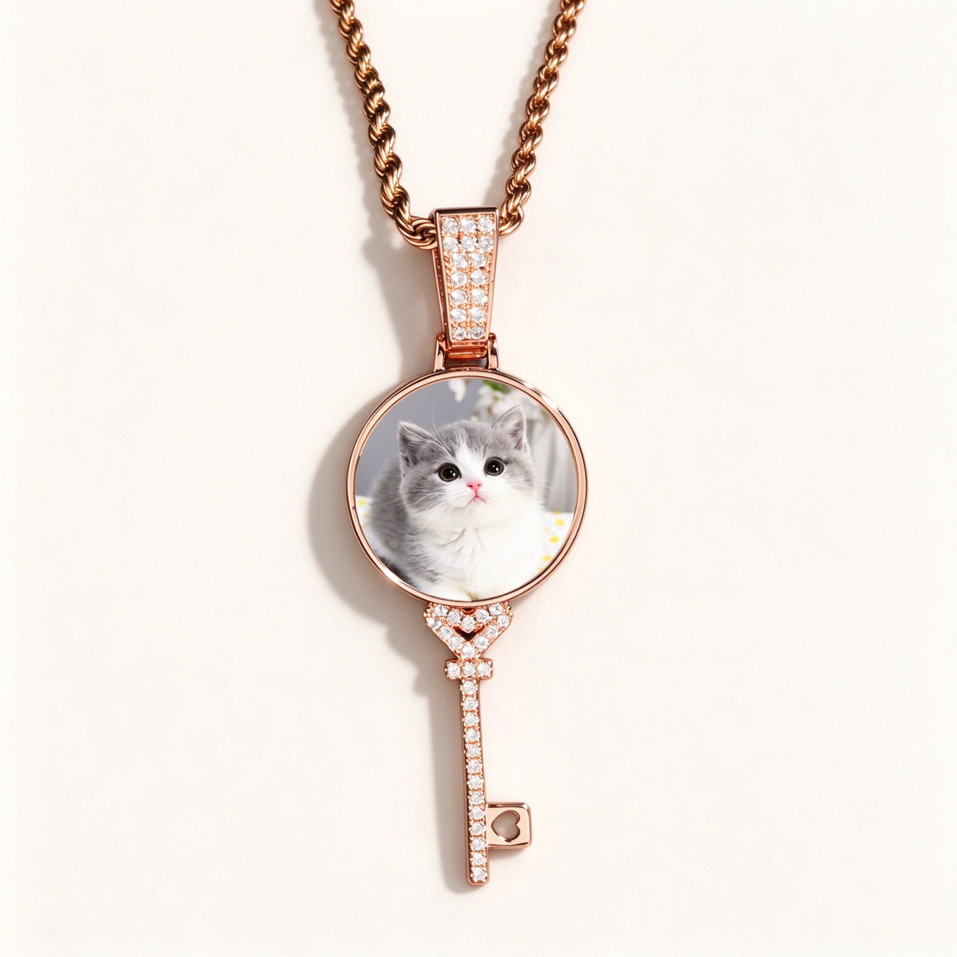 3D Zircon Round Key Solid Custom Photo Pendant with 24" Rope Chain