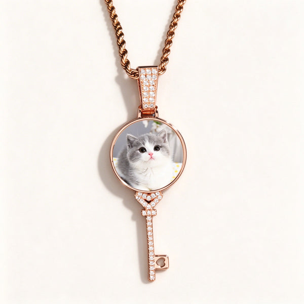 3D Zircon Round Key Solid Custom Photo Pendant with 24" Rope Chain