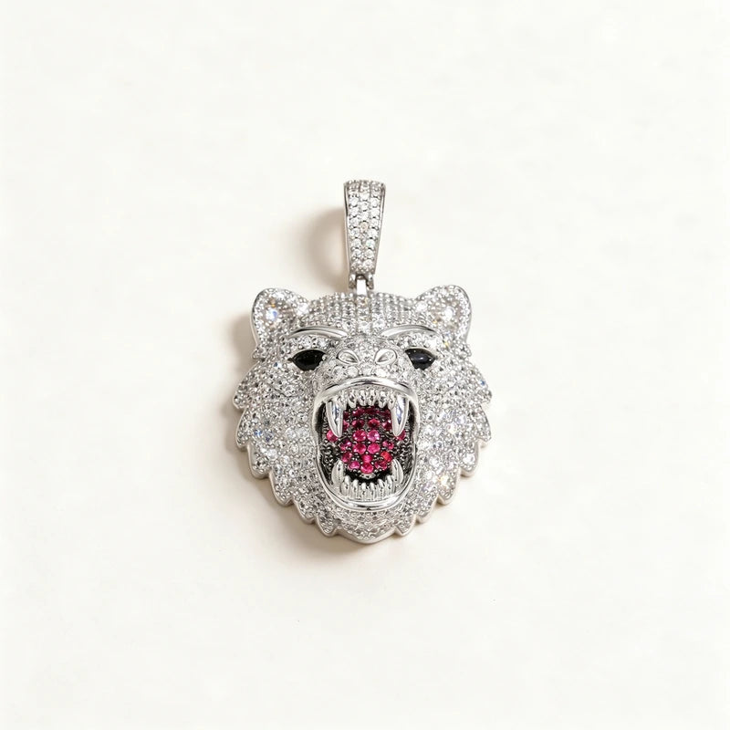 Zircon Diamond Iced Out Roaring Bear Head Pendant Necklace