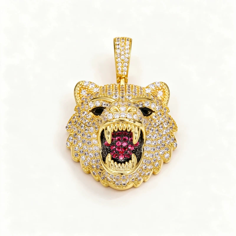 Zircon Diamond Iced Out Roaring Bear Head Pendant Necklace