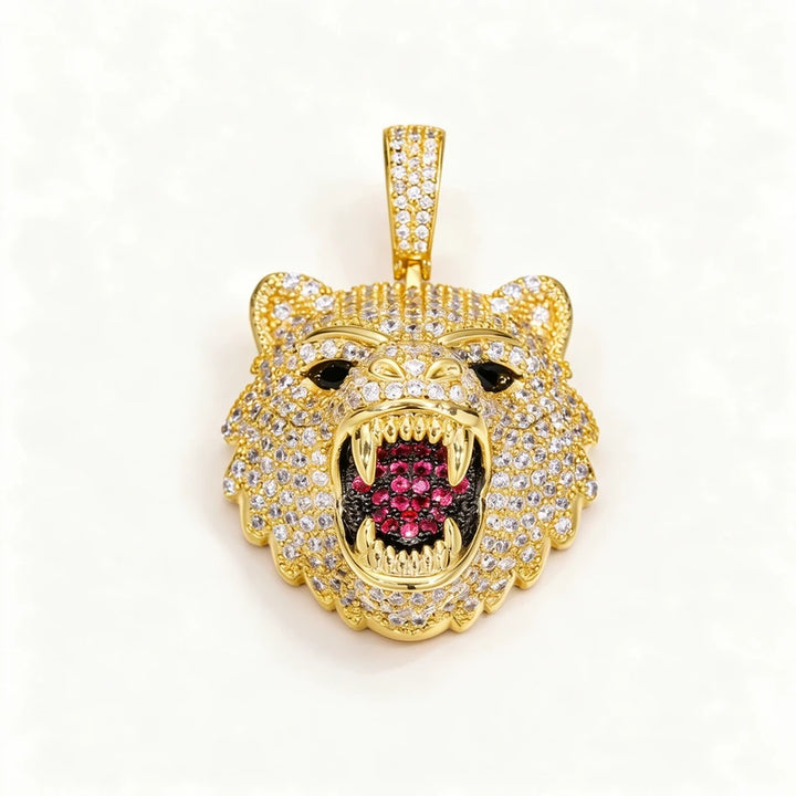 Zircon Diamond Iced Out Roaring Bear Head Pendant Necklace