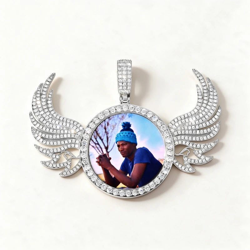 Custom Photo Winged Round Iced Out Angel Wings Picture Pendant