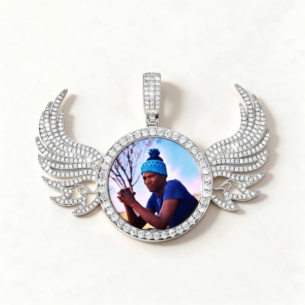 Custom Photo Winged Round Iced Out Angel Wings Picture Pendant