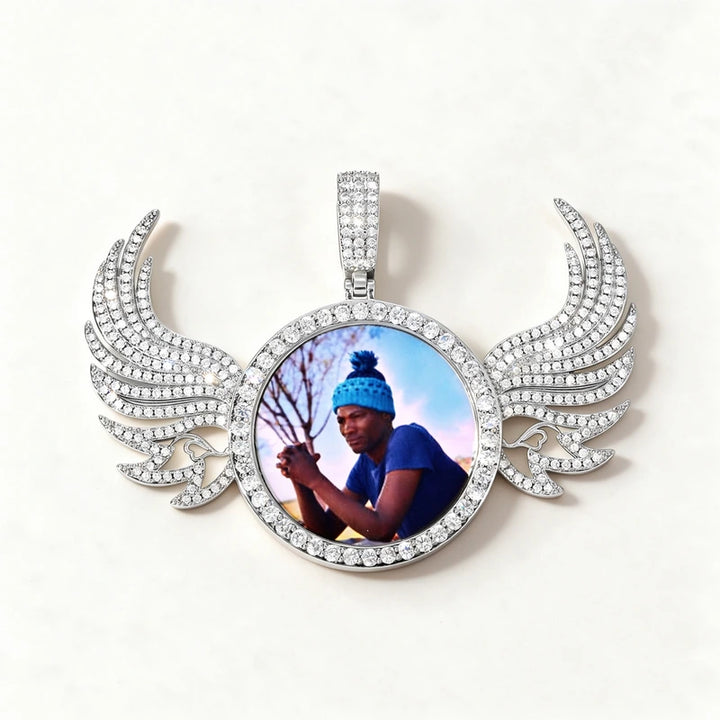 Custom Photo Winged Round Iced Out Angel Wings Picture Pendant