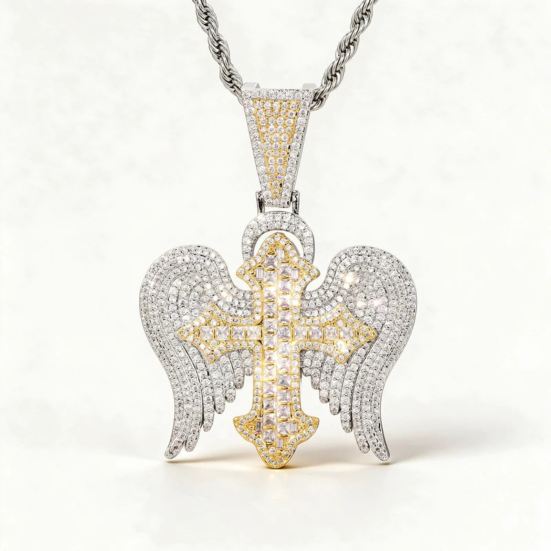 Zircon Diamond Angel Wing Cross Pendant