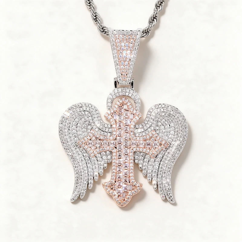 Zircon Diamond Angel Wing Cross Pendant