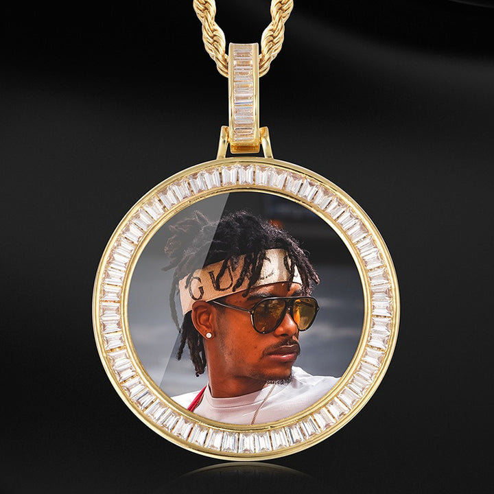 Zircon Diamond Iced Custom Photo Round Medallion Pendant with 24" Rope Chain