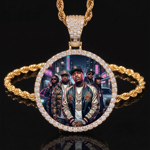 3D Diamond Gold Circle Custom Picture Pendant