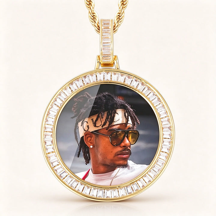 Zircon Diamond Iced Custom Photo Round Medallion Pendant with 24" Rope Chain