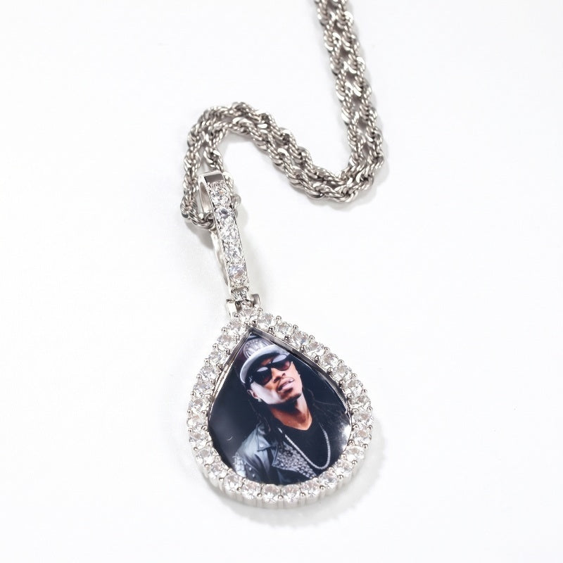 3D ZIRCON DIAMOND CIRCLE CUSTOM PICTURE PENDANT WITH ROPE CHAIN