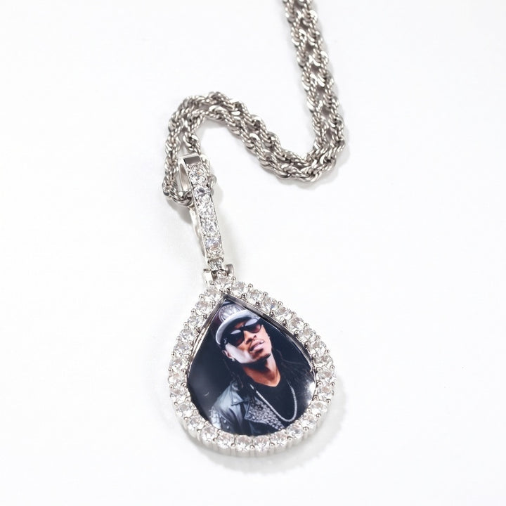3D ZIRCON DIAMOND CIRCLE CUSTOM PICTURE PENDANT WITH ROPE CHAIN