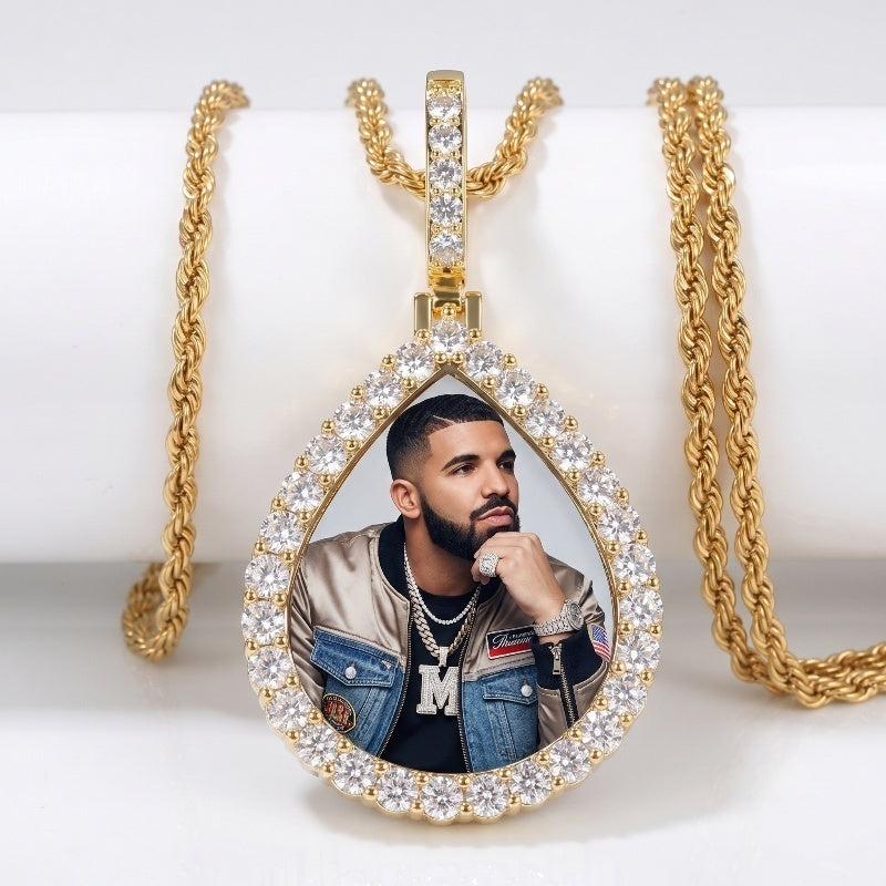 3D ZIRCON DIAMOND CIRCLE CUSTOM PICTURE PENDANT WITH ROPE CHAIN