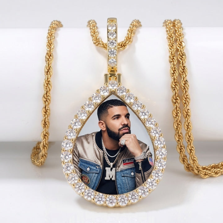 3D ZIRCON DIAMOND CIRCLE CUSTOM PICTURE PENDANT WITH ROPE CHAIN