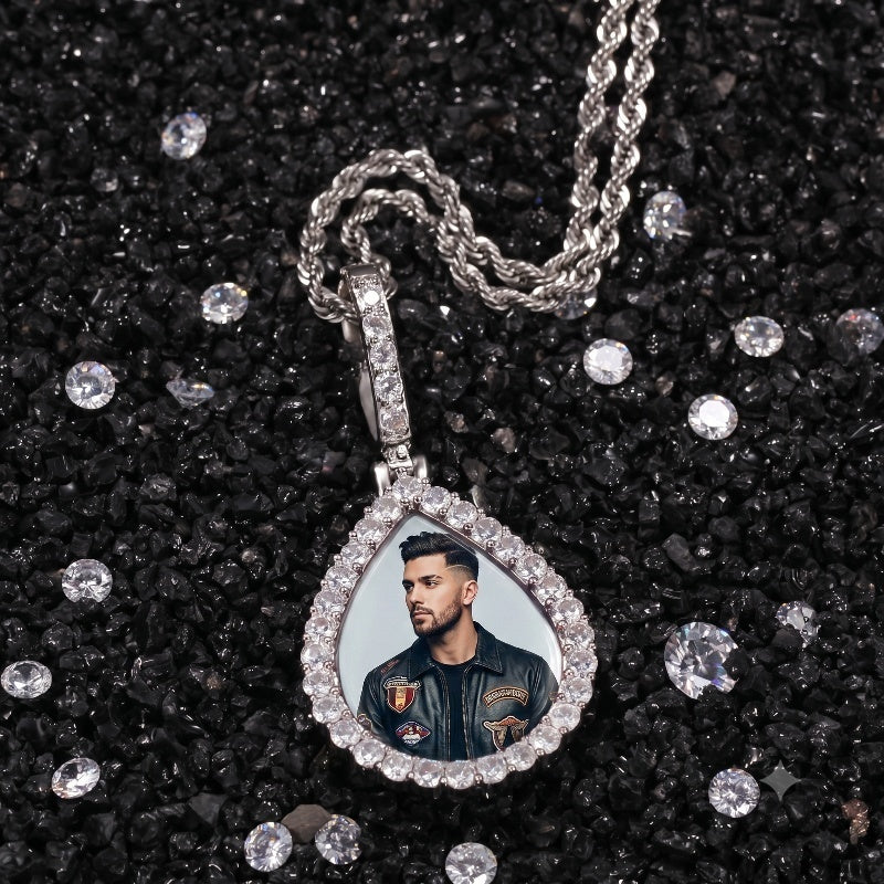 3D ZIRCON DIAMOND CIRCLE CUSTOM PICTURE PENDANT WITH ROPE CHAIN