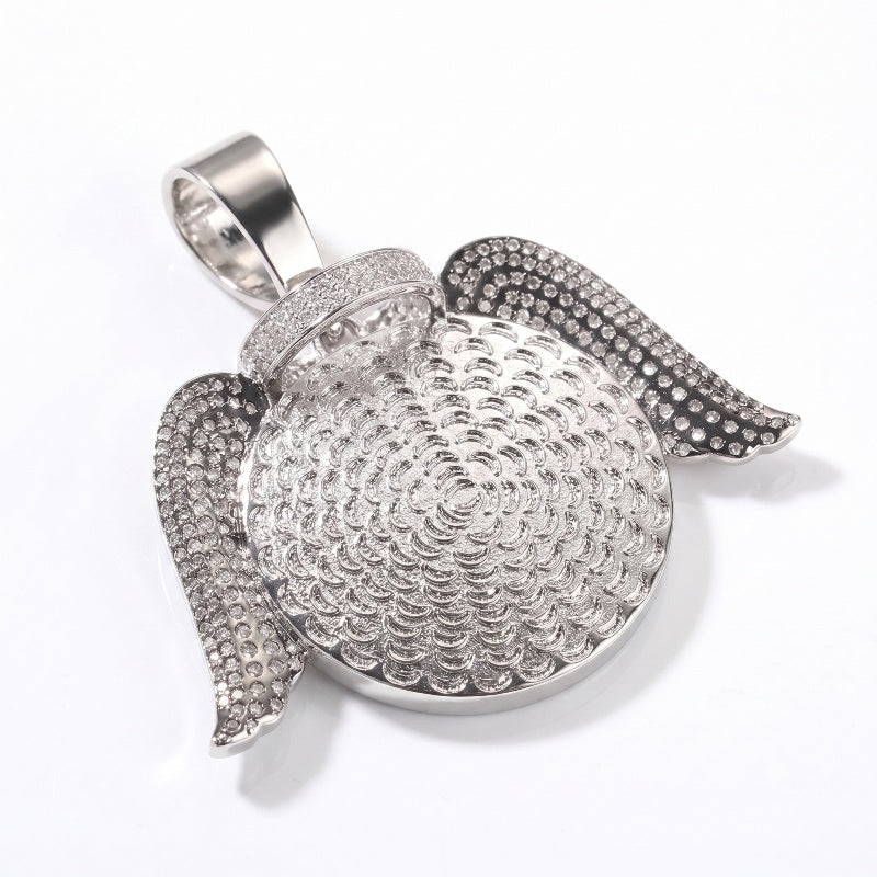 3D ZIRCON DIAMOND CIRCLE CUSTOM PICTURE PENDANT WITH ANGEL WINGS