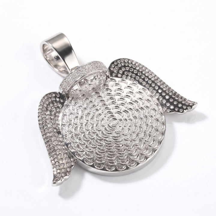 3D ZIRCON DIAMOND CIRCLE CUSTOM PICTURE PENDANT WITH ANGEL WINGS