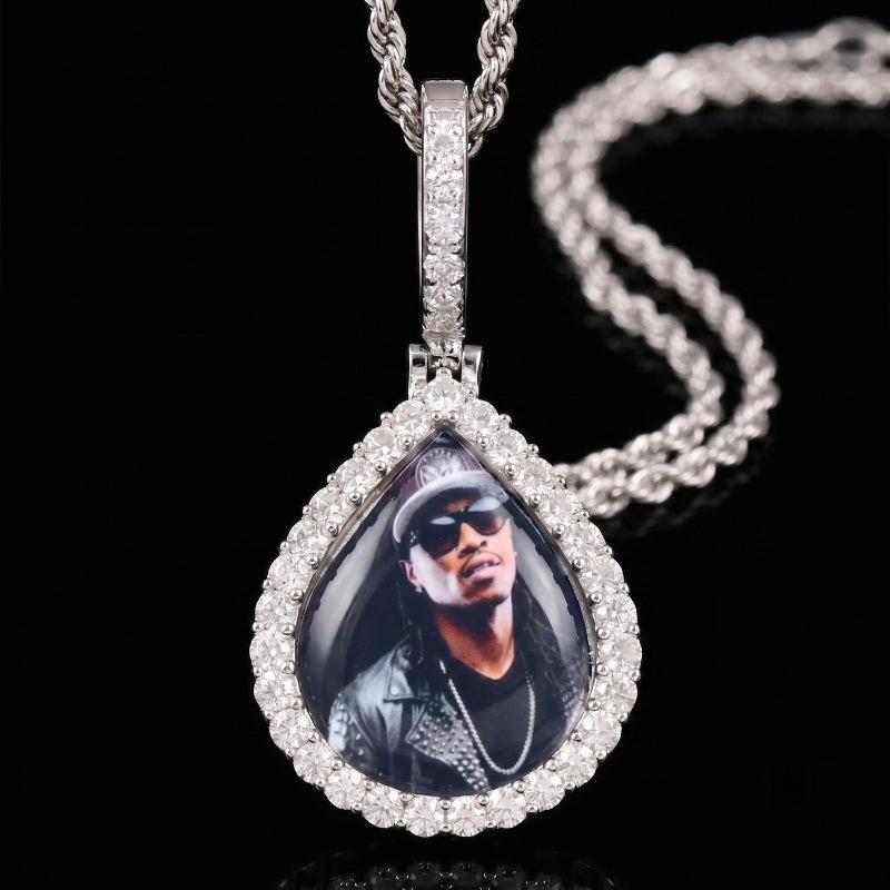 3D ZIRCON DIAMOND CIRCLE CUSTOM PICTURE PENDANT WITH ROPE CHAIN