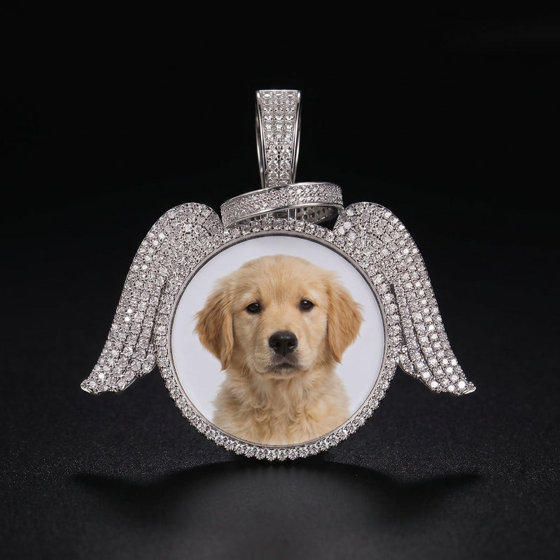 3D ZIRCON DIAMOND CIRCLE CUSTOM PICTURE PENDANT WITH ANGEL WINGS
