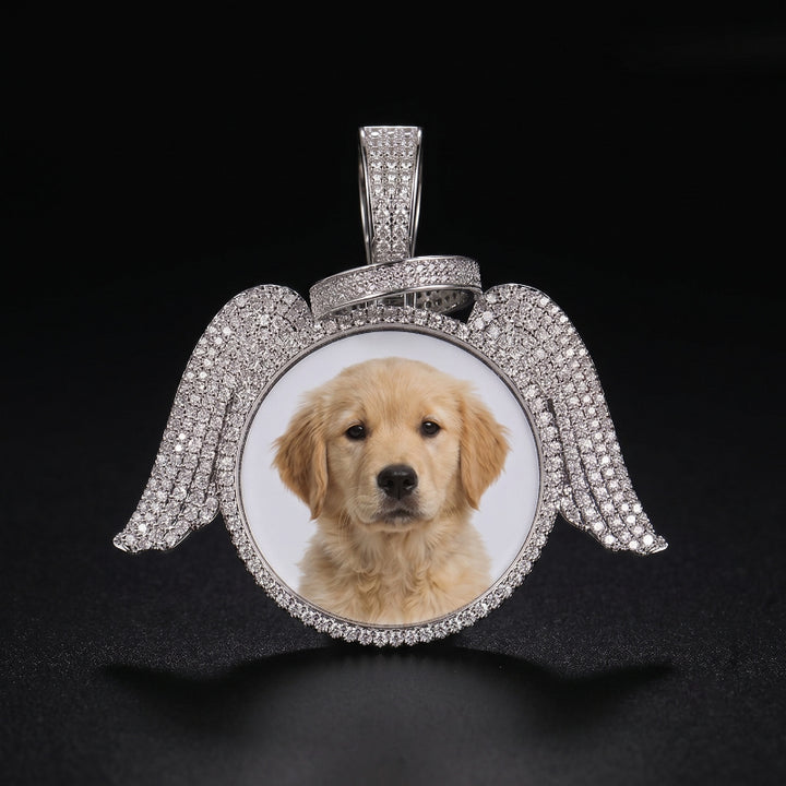 3D ZIRCON DIAMOND CIRCLE CUSTOM PICTURE PENDANT WITH ANGEL WINGS