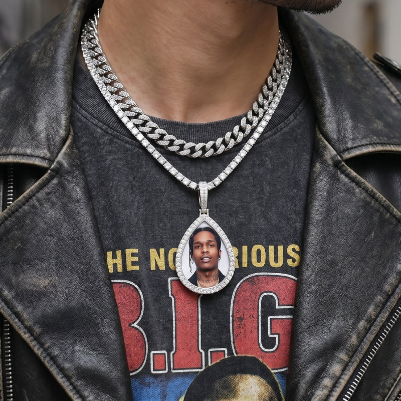 3D ZIRCON DIAMOND CIRCLE CUSTOM PICTURE PENDANT WITH ROPE CHAIN
