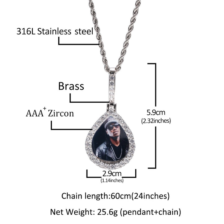 3D ZIRCON DIAMOND CIRCLE CUSTOM PICTURE PENDANT WITH ROPE CHAIN