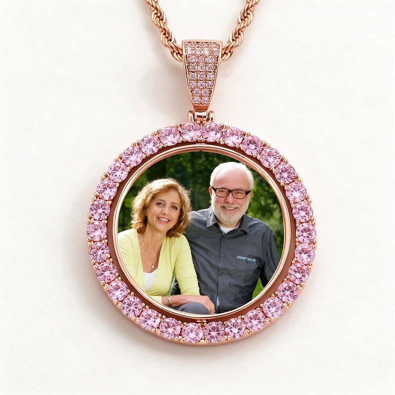Round Photo Medallion Necklace Iced Out CZ Pendant with 24“ Rope Chain