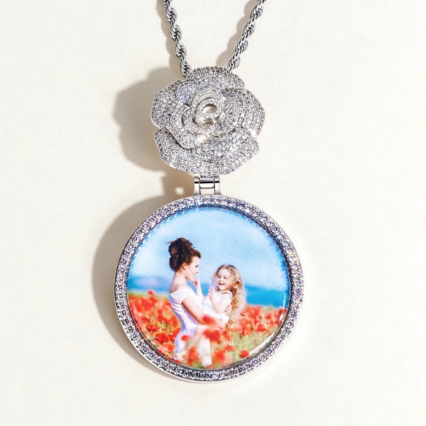 Zircon Diamond Iced Out Rose Top Custom Photo Pendant