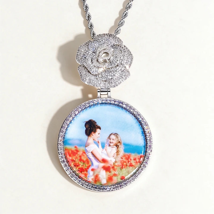 Zircon Diamond Iced Out Rose Top Custom Photo Pendant